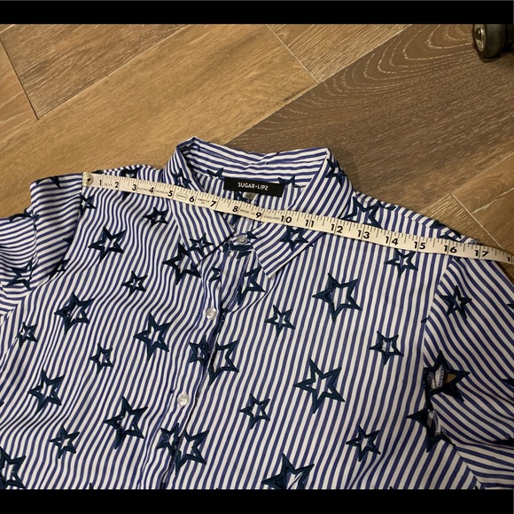 Striped Cut-Out Star Embroidery Long Sleeve Button up Shirt blue size M - Picture 13 of 15